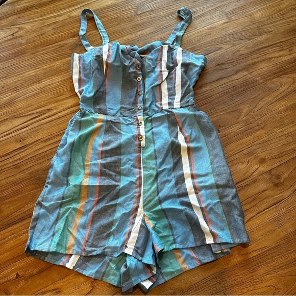 Patrons of Peace Women’s Striped Sweetheart Tie Back Shorts Romper Button Front - Picture 3 of 12